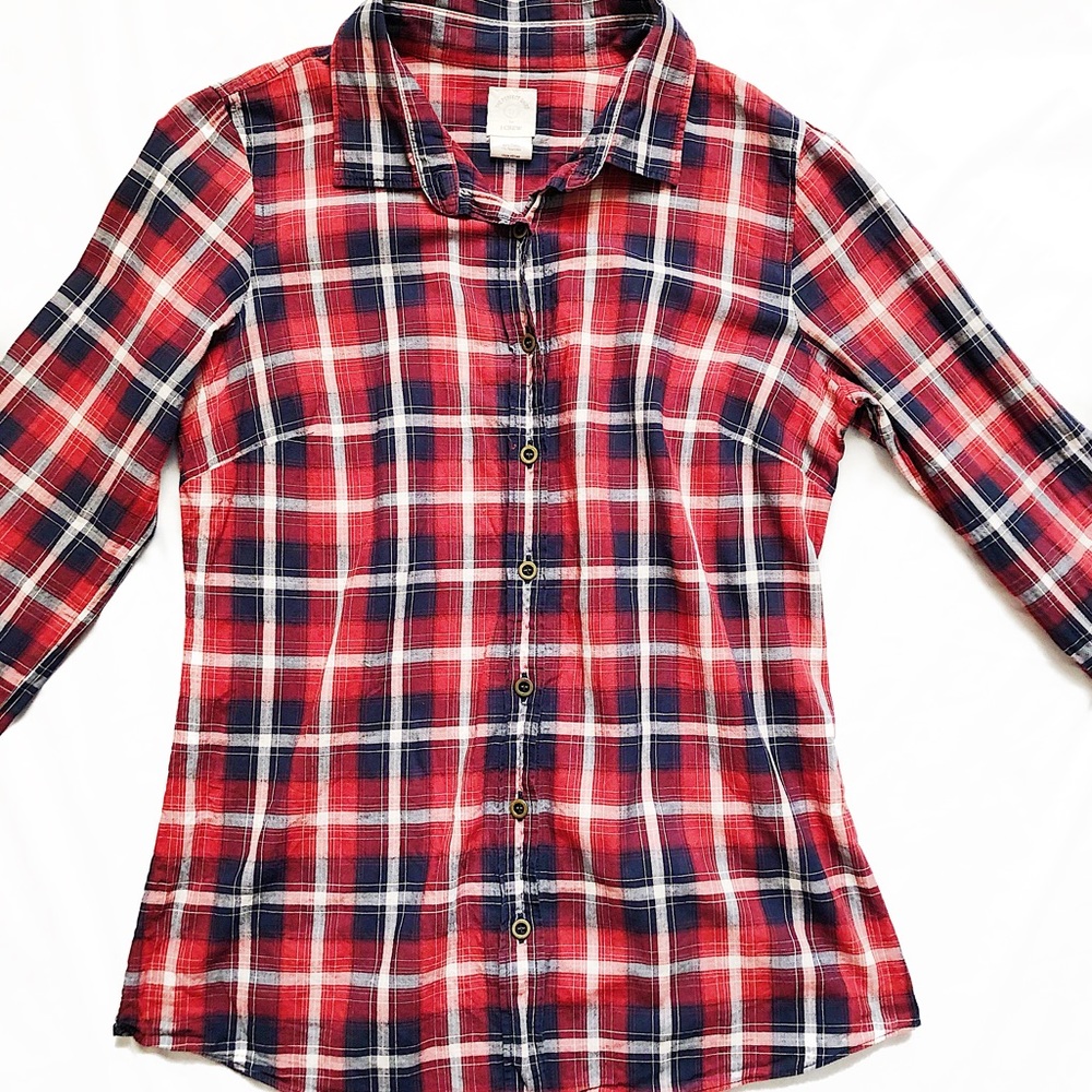 J. Crew Red, White, and Blue Plaid Button Down Top
